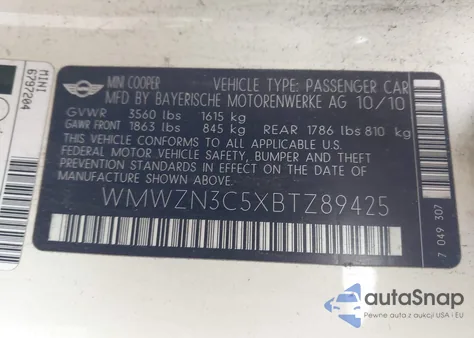 2011 Mini Cooper из США, поврежденный, VIN WMWZN3C5XBTZ89425